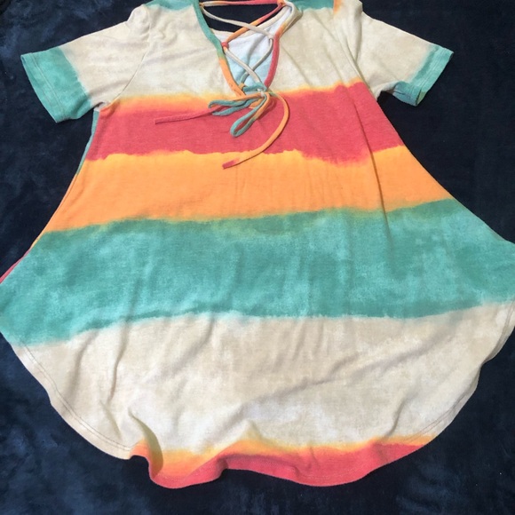 Lovely Melody Tie Dye Lattice Back Tunic Top - Teal Orange Pink - Picture 2 of 2